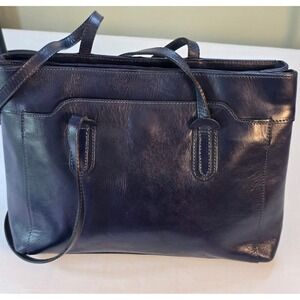 Vera Pelle Navy Blue Leather Tote Bag Made in Italy Shoulder Bag Multi-Pocket